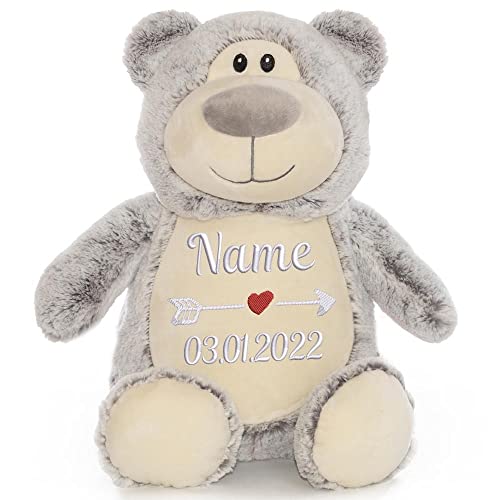 Elefantasie Stofftier mit Name Bestickt Kuscheltier Bär Teddybär personalisiert Bär Grau Stickmotive Pfeil von Elefantasie