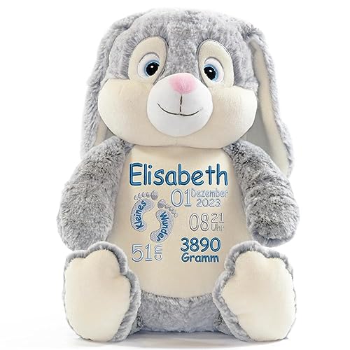 Elefantasie Stofftier mit Name Bestickt Kuscheltier Hase personalisiert Verschiedene Stickmotive Hase grau Füßchen von Elefantasie