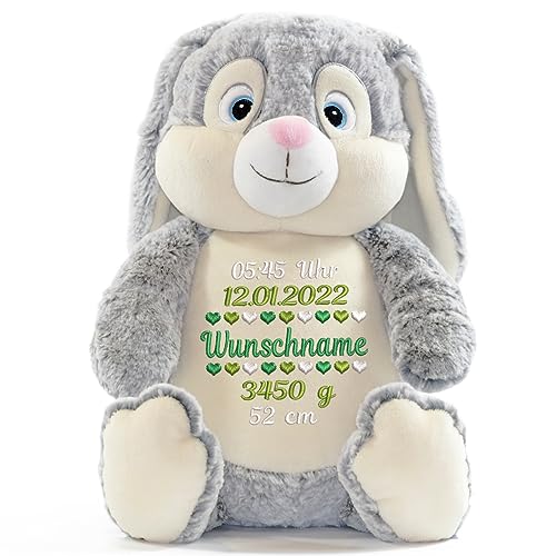 Elefantasie Stofftier mit Name Bestickt Kuscheltier Hase personalisiert Verschiedene Stickmotive Hase grau Geburtsdaten von Elefantasie