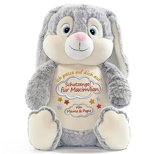 Elefantasie Stofftier mit Name Bestickt Kuscheltier Hase personalisiert Verschiedene Stickmotive Hase grau Schutzengel von Elefantasie