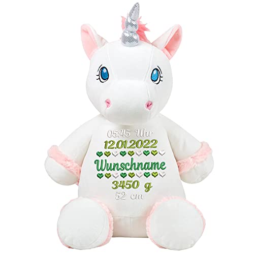 Elefantasie Stofftier mit Name Bestickt Kuscheltier Einhorn personalisiert Einhorn weiß Geburtsdaten von Elefantasie