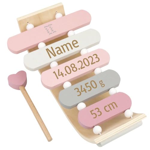 Xylophone aus Holz personalisierbar mit Name und Geburtsdaten Geschenk zur Geburt Rosa von Elefantasie