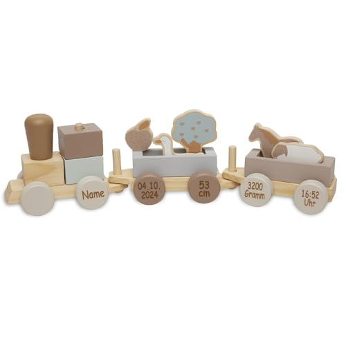 Elefantasie Spielzeugeisenbahn Holzzug für Kinder ab 12 Monate, personalisierbar mit Name und Geburtsdaten beige von Elefantasie