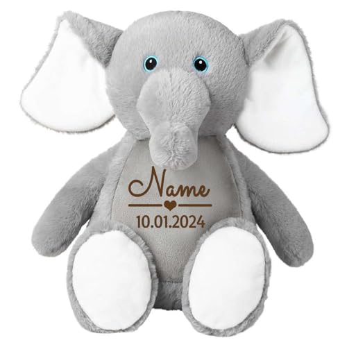 Stofftier Elefant grau mit Name personalisiert Kuscheltier für Kinder Flauschiges Plüschtier 40cm Motiv Name und Datum von Elefantasie