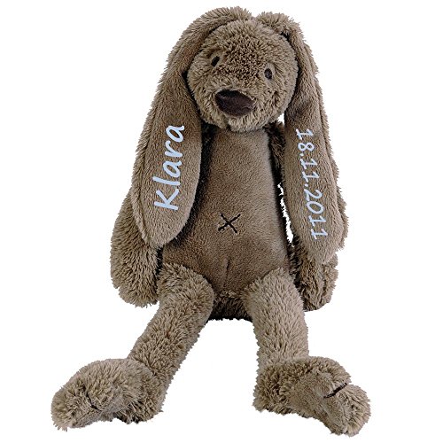 Elefantasie Stofftier Hase mit Namen und Geburtsdatum personalisiert Geschenk 30cm braun Aufdruck blau von Elefantasie