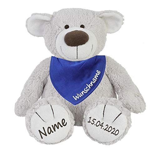 Elefantasie Stofftier Teddy Bär zartgrau und Baby Halstuch im Set mit Namen personalisiert Mittelblau von Elefantasie