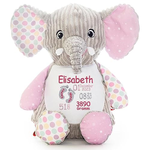 Stofftier mit Name Bestickt Kuscheltier Elefant bunt personalisiert Stickmotiv Füßchen von Elefantasie