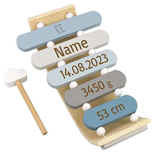 Xylophone aus Holz personalisierbar mit Name und Geburtsdaten Geschenk zur Geburt Blau von Elefantasie