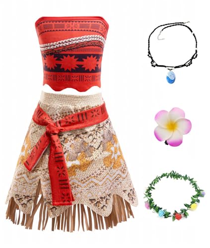 Eleganzeit Mädchen Vaiana Kostüm Prinzessin Moana Kleid Set mit Zubehör Blumenkrone Halskette Haarspange Kinder Faschingskostüme für Weihnachten Karneval Geburtstag Cosplay Party von Eleganzeit