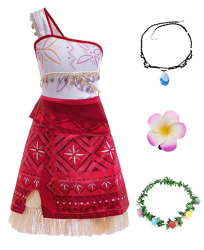 Eleganzeit Mädchen Vaiana Kostüm mit Zubehör Blumenkrone Halskette Haarspange Kinder Faschingskostüme für Weihnachten Karneval Geburtstag Cosplay Party von Eleganzeit