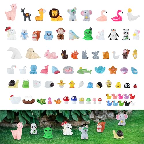 100 Stück Mini Tierfiguren Harz Spielzeug Set Ornamente Ente Löwe Elefant Elch Dinosaurier Miniatur Figuren Landschaft Aquarium Geschenk Geburtstag Tortendeko für Jungen Mädchen Party Mitgebsel von Elektheim