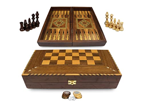 Elessar Neu 40 x 40 cm Holz Backgammon/Schachspiel/DAMA,Tavla,intarsien Kunsthandwerk Brett BK 40 mit 30 Holz Backgammon Steine und Holz Schachfiguren von Elessar