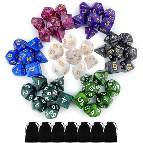 Polyedrische Würfel Set, 7 x 7 (49 Stück) FarbSpielwürfel mit 7 Schwarze Kordelzugbeute, für DND MPG MTG Dungeons und Dragons D20 D12 D10 D8 D6 und D4 von ElevaPulse