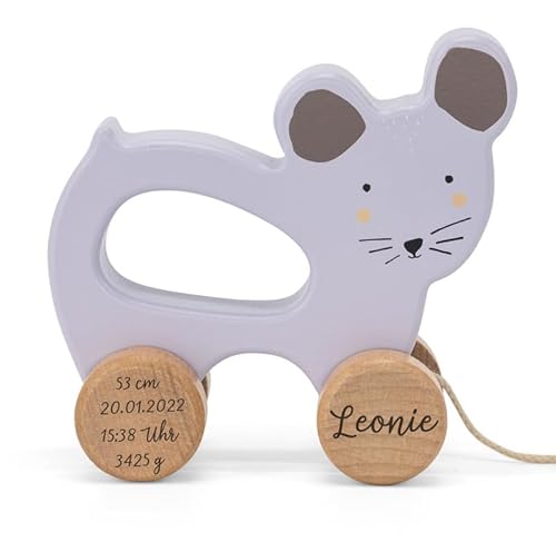 Elfenstall personalisierbares Trixie Baby Nachziehtier mit Wunsch-Namen und Datum (Maus) von Elfenstall