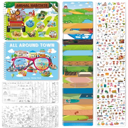 Elfew 2 Stück Stickerbuch für Kinder ab 2-4 Jahren, Über 1000+ DIY Scrapbooking Aufkleber, Kinder Spielzeug Sticker und Malbücher, Stickerbuch für Kinder ab 3 Jahre Mädchen Jungen von Elfew