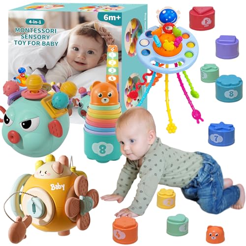 Elfew 4 in 1 Baby Spielzeug 6Monate, Montessori Spielzeug für Babys 9 Monate, Sensorik Motorikspielzeug, Stapelturm, Geschenk für Baby ab 6 9 12 Monate 1 2 3 Jahr von Elfew