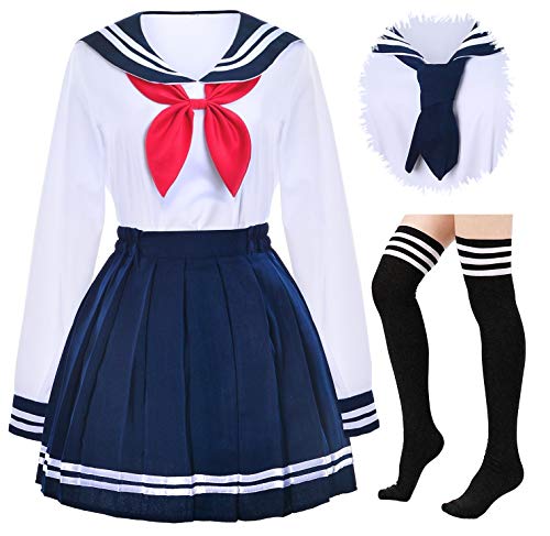 Elibelle Japanische Schulmädchen-Uniform, Matrose, Marineblau, Faltenrock, Anime, Cosplay, Kostüme mit Socken (SSF13), Weiß und Marineblau, XXX-Large--Asia 5XL von Elibelle