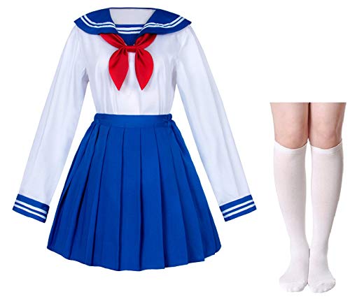 Elibelle Japanische Schulmädchen-Uniform, Matrose, Marineblau, Faltenrock, Anime, Cosplay, Kostüme mit Socken (SSF13), bule, XS von Elibelle