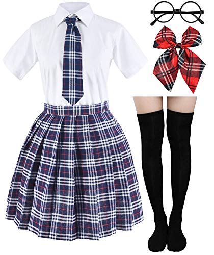 Elibelle Japanisches Schottenkaro, plissierte Schuluniform, Cosplay-Kostüme mit Socken,, Grau, XL/Etikett 3XL von Elibelle