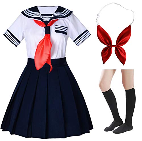 Japanische Schulmädchen Kurzarm Uniform Matrosen Marineblau Faltenrock Anime Cosplay Kostüme mit Socken Set - Blau - L von Elibelle