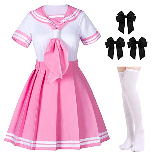 Klassisches, japanisches Anime-Schulmädchen rosa Matrosenkleid Hemden Uniform Cosplay Kostüme mit Socken Haarnadel-Set, rose, S von Elibelle