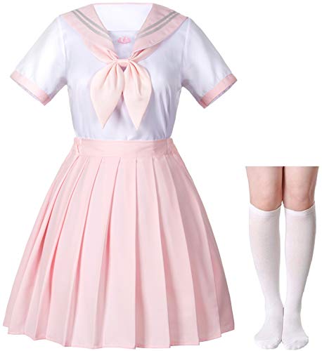 Klassisches, japanisches Anime-Schulmädchen rosa Matrosenkleid Hemden Uniform Cosplay Kostüme mit Socken Haarnadel-Set - Pink - XS von Elibelle