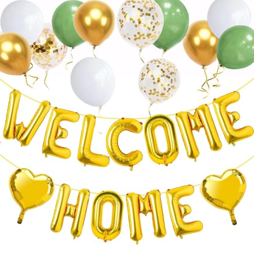 Elicola Weclcome Home Banner Ballon, Gold Welcome Home Brief Folienballon Banner Herz Folie Salbeigrün Gold Ballons für Zuhause Familie Babyparty Willkommen zurück Party Supplies von Elicola