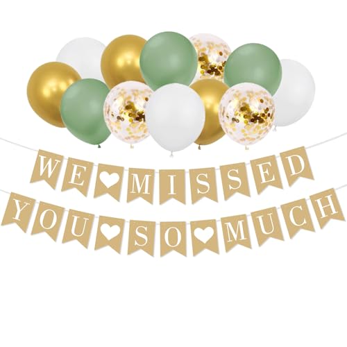 Elicola Wimpelkette mit Aufschrift "We Missed You So Much", mit salbeigrünen goldenen Luftballons für Willkommensdekorationen, Willkommens-Hintergrund, Babyparty, Party-Dekorationen von Elicola