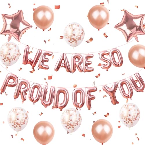 Elicola Wimpelkette mit Aufschrift "We are SO Proud of You", goldfarbenes Banner mit 2 Sternballons und 10 Luftballons, 2024, Congrats Grad, Ruhestand, Well Done, Party-Dekorationen, Zubehör, Roségold von Elicola