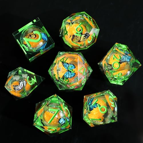 Liquid Core DND Würfel Set 7pcs, Treibsand Polyeder Kunstharz Würfel mit Scharfen Kanten für Dungeons und Dragons,RPG D20 D12 D10 D8 D6 D4 Würfel, Schmetterling Thematisch D&D Rollenspiel Würfel von Elifel