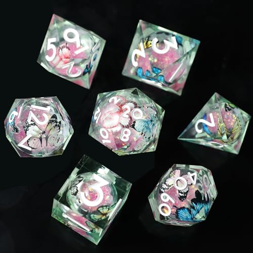 Liquid Core DND Würfel Set 7pcs, Treibsand Polyeder Kunstharz Würfel mit Scharfen Kanten für Dungeons und Dragons,RPG D20 D12 D10 D8 D6 D4 Würfel, Schmetterling Thematisch D&D Rollenspiel Würfel von Elifel