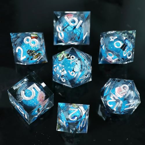 Liquid Core DND Würfel Set 7pcs, Treibsand Polyeder Kunstharz Würfel mit Scharfen Kanten für Dungeons und Dragons,RPG D20 D12 D10 D8 D6 D4 Würfel, Schmetterling Thematisch D&D Rollenspiel Würfel von Elifel