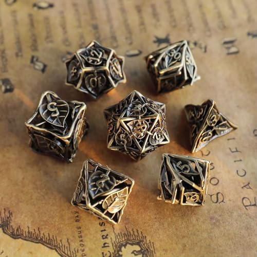 Metall DND Würfel Set 7 Blatt DND Würfel Hohl Polyeder Bronze Würfel D20 D12 D10 D% D8 D6 D4 für Dungeons & Dragons RPG Brettspiele Tischspiele RPG MTG Spiele von Elifel