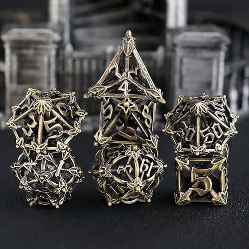 Metall DND Würfel Set 7 Blume DND Würfel Hohl Polyeder Bronze Würfel D20 D12 D10 D% D8 D6 D4 für Dungeons & Dragons RPG Brettspiele Tischspiele RPG MTG Spiele von Elifel