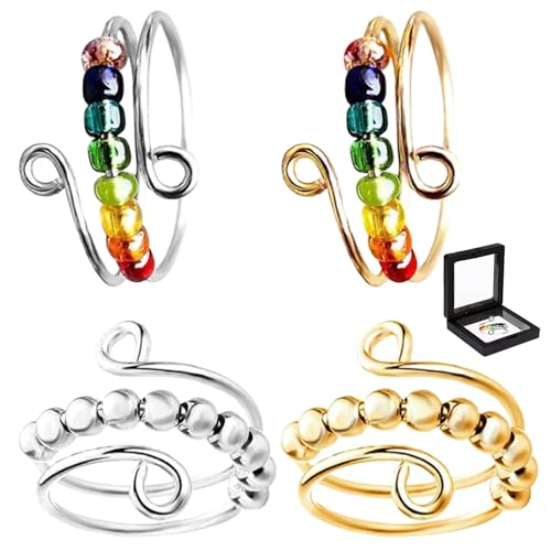 4PCS Angst beständiger Ring, justierbarer offener Ring, Angst entlastender rotierender Ring, Perlenring, passend für Mädchen und Damen(Regenbogenfarbe,Silbrig,Golden) von Elkuaie