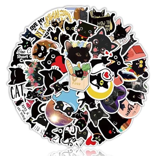 Elkuaie 50PCS Nette Kawaii Schwarze Katze Aufkleber, PVC wasserdichte Aufkleber, Verwendet Für DIY Notizbuch, Notizbuch, Skateboard, Gepäck, Etc von Elkuaie