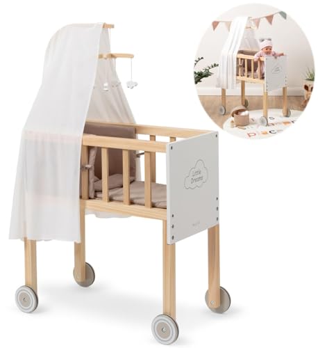 ELLA & PIET® Großer Puppen-Stubenwagen Dreamy aus Holz mit Himmel (Weiß-Schlamm) Puppenwiege Puppenbett zum schieben mit Rollen von Ella & Piet