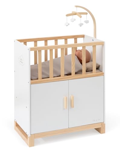 ELLA & PIET® Puppenbett Cozy mit Schrank und Mobile aus Holz (Weiß-Schlamm) von Ella & Piet