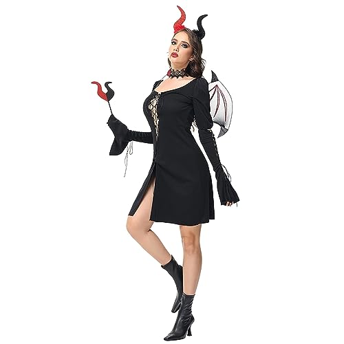 Elogoog Halloween-Kostüme für Damen, 2024, Gothic, mittelalterlich, Hexenkostüme, 4er-Set, Herbstkleid, sexy (Schwarz, XL) von Elogoog