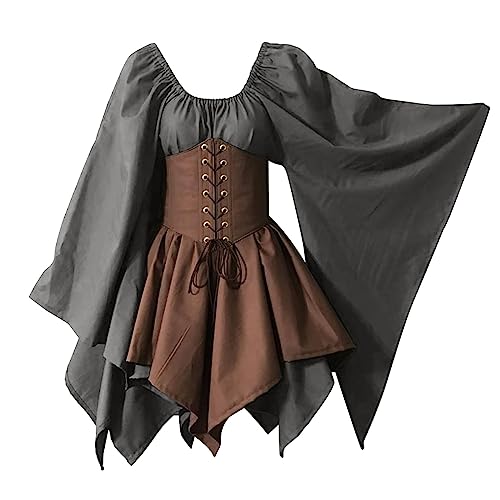 Elogoog Mittelalterliches Renaissance-Kostüm für Damen mit Korsett, sexy schwarzes Gothic-Kleid, modisch, Rüschen, solides Swing-Maxikleid, Grau-B, XXL von Elogoog