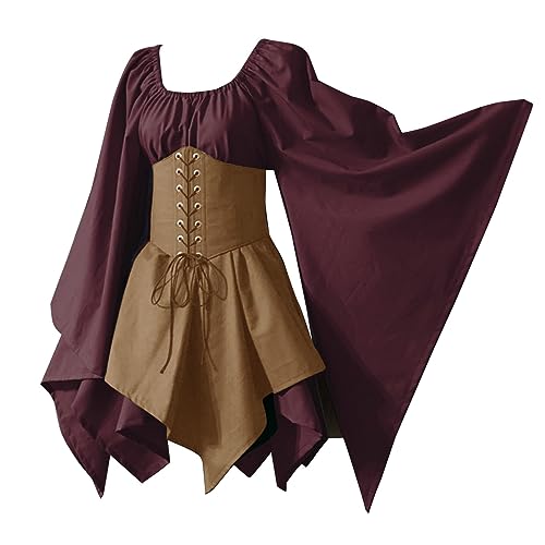 Elogoog Mittelalterliches Renaissance-Kostüm für Damen mit Korsett, sexy schwarzes Gothic-Kleid, modisch, Rüschen, solides Swing-Maxikleid, Khaki-c, S von Elogoog