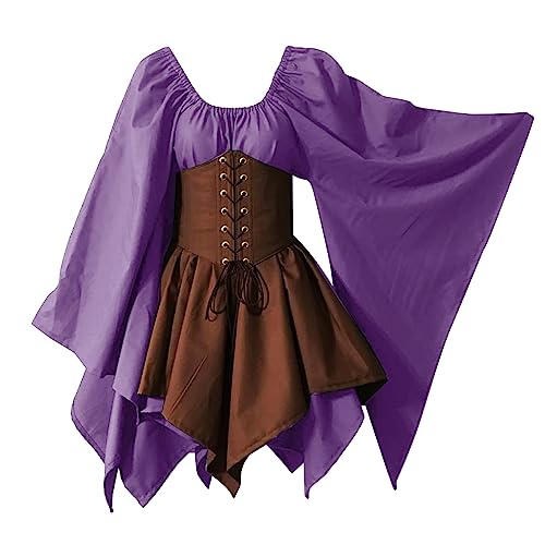 Elogoog Mittelalterliches Renaissance-Kostüm für Damen mit Korsett, sexy schwarzes Gothic-Kleid, modisch, Rüschen, solides Swing-Maxikleid, Purple-b, M von Elogoog