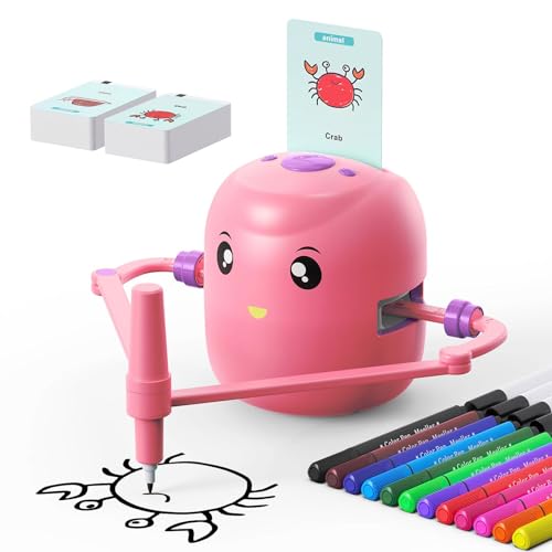 Elprico Interaktiver Zeichenroboter, Interaktiver pädagogischer Zeichenroboter für Kinder, Roboter-Zeichenspielzeug mit 252 Zeichen Lernkarten, 14 Farbstiften (Rosa) von Elprico