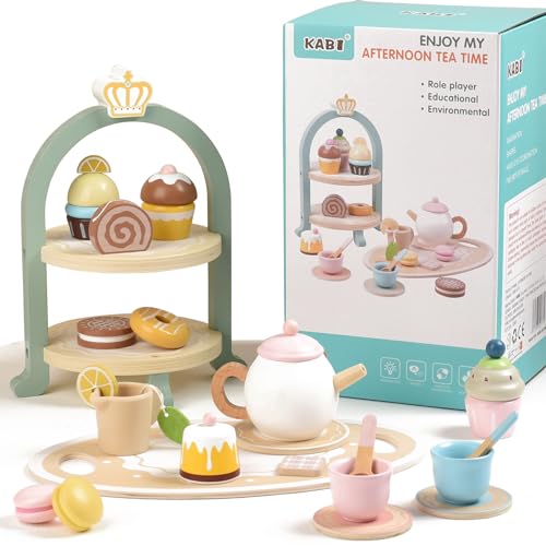 Holz Teeservice Set für kleine Mädchen mit Cupcake-Ständer & Dessert-Lebensmitteln - Teeservice für Kinder von Elvozvets