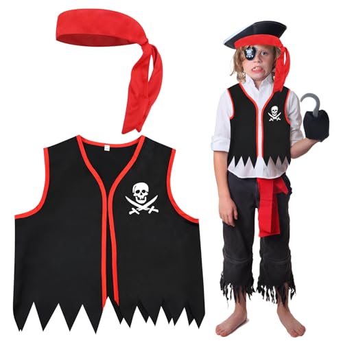 2 Stück Piraten Kostüm Zubehör Set,Piraten Kapitän Kostüm für Kinder Kinder Piratenweste Rotes Piratenkopftuch,Piratenkostüm für Kinder Mädchen Jungen Halloween Piratenkostüm Geburtstagsparty von Embhlitfe