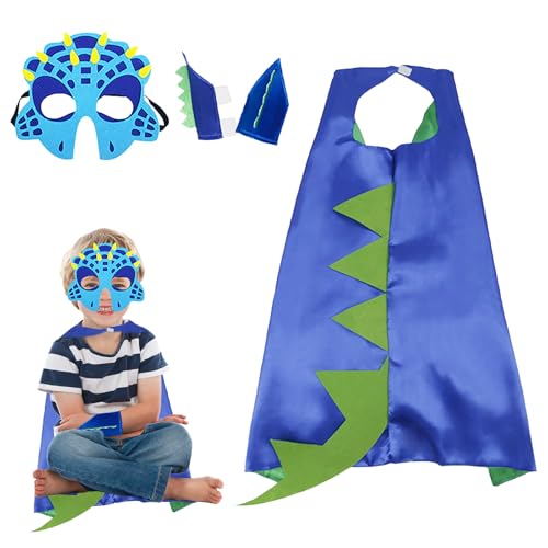 Embhlitfe 4 Stück Dinosaurier Kostüm Kinder,Dinosaurier Umhang mit Masken Handschuh Kinder Dinosaurier Party Verkleidung,Drachenumhang für 3-8 Jahren Mädchen Jungen Halloween Party Cosplay (Blau) von Embhlitfe