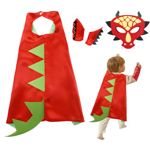 Embhlitfe 4 Stück Dinosaurier Kostüm Kinder,Dinosaurier Umhang mit Masken Handschuh Kinder Dinosaurier Party Verkleidung,Drachenumhang für 3-8 Jahren Mädchen Jungen Halloween Party Cosplay (Rot) von Embhlitfe