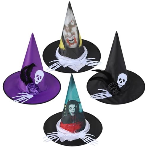 Embhlitfe 4 Stück Hexenhut Hexen Zubehör Reite Krempe Spitzhut Schwarze Hexenhut für Erwachsene Hexen Deko für Karneval Cosplay KostüMparty Halloween von Embhlitfe