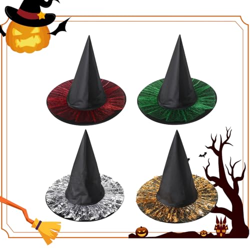 Embhlitfe 4 Stück Hexenhut Hexen Zubehör Reite Krempe Spitzhut Spitze Hexenhut für Erwachsene Hexen Deko für Karneval Cosplay KostüMparty Halloween von Embhlitfe