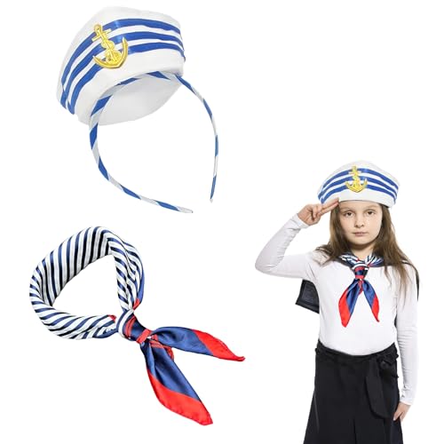 Kapitän Matrosen Kostüm Set,Gestreiftes Matrosenmütze und Schal Set Marineblaues Matrosenmütze Stirnband und Schal Set,Matrosen Outfit Accessoires für Frauen Männer Kinder Cosplay Kostüm Accessoire von Embhlitfe